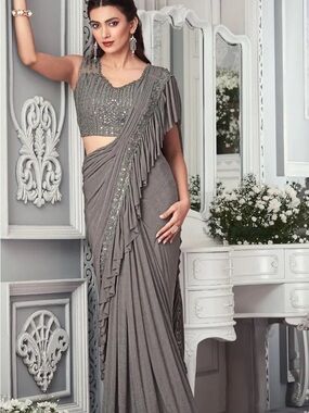 Elegant Grey Ruffled Saree with Sequin Embellished Border